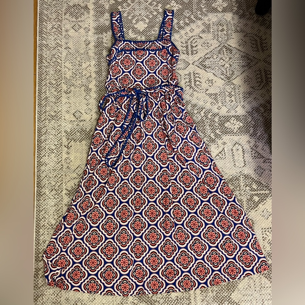 Boden Red & Blue Printed Maxi Dress with Waist Tie - Picture 2 of 4